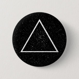 White triangle outline on black star background 6 cm round badge