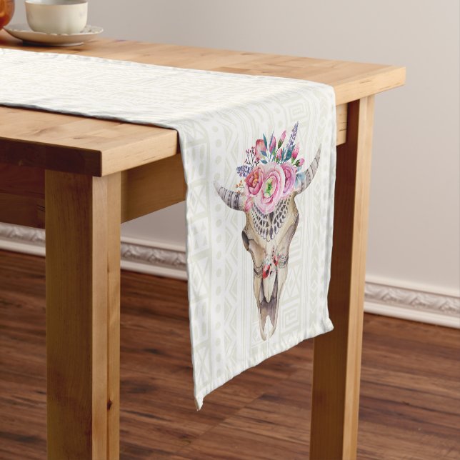 White Tribal Bull Skull Short Table Runner (In Situ)