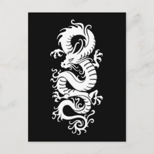 White Tribal Chinese Dragon on Black Postcard