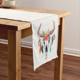 White Tribal Pattern Bull Skull Short Table Runner
