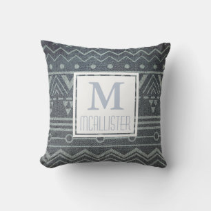 White Tribal Pattern on Faux Denim - Personalised Cushion