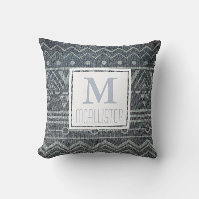 White Tribal Pattern on Faux Denim - Personalised Cushion (Front)