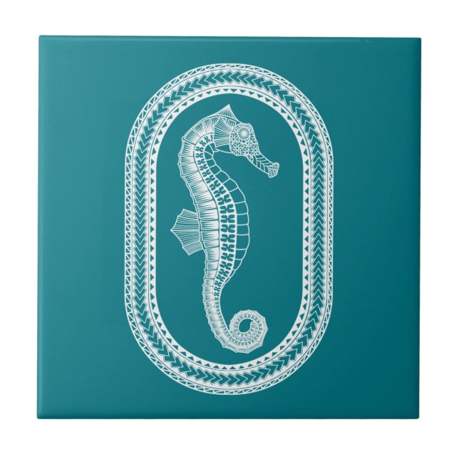 White Tribal Seahorse Ceramic Tile (Front)