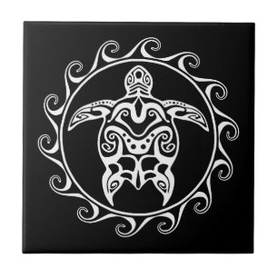 White Tribal Turtle Ceramic Tile