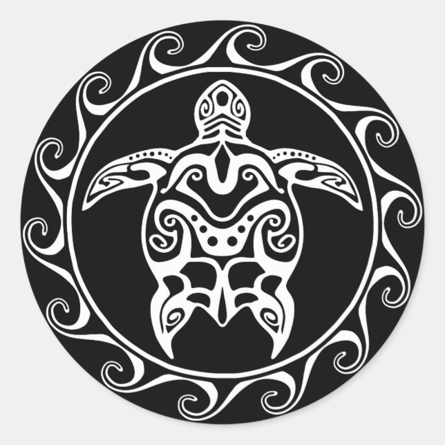 White Tribal Turtle Classic Round Sticker (Front)