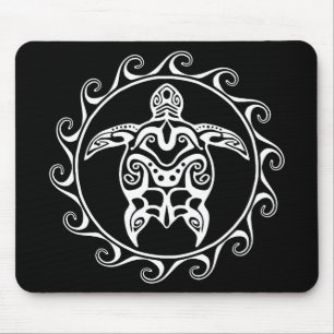 White Tribal Turtle Mouse Pad