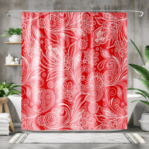 White Tribal Vintage Paisley On Red Shower Curtain