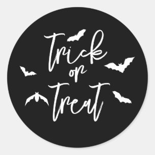White Trick Or Treat Text And Bats Halloween Black Classic Round Sticker