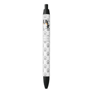 White Tricolor Pomeranian Cute Cartoon Dog & Name Black Ink Pen