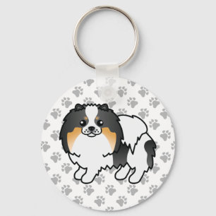 White Tricolor Pomeranian Cute Cartoon Dog & Paws Key Ring