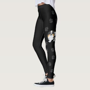 White Tricolor Pomeranian Cute Cartoon Dog & Paws Leggings