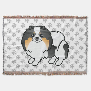 White Tricolor Pomeranian Cute Cartoon Dog & Paws Throw Blanket