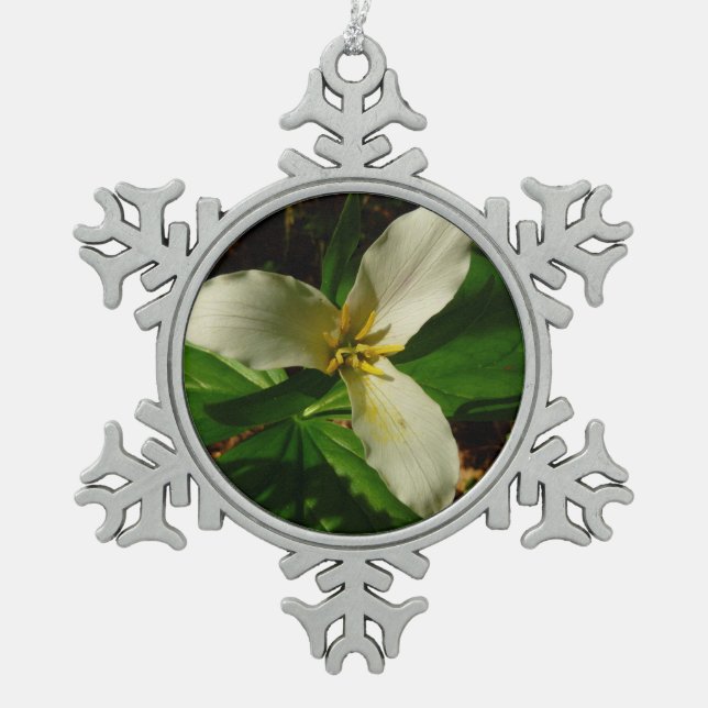 White Trillium Flower Spring Wildflower Snowflake Pewter Christmas Ornament (Front)