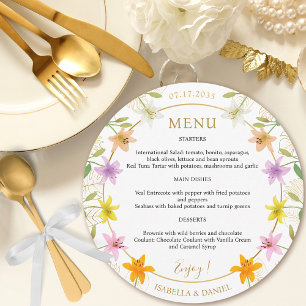 White Tropical Floral Round Wedding Menu