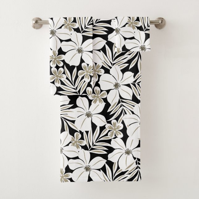 White tropical flowers on black bath towel set (Insitu)