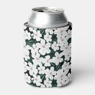 White Tropical Flowers Pattern Can Cooler
