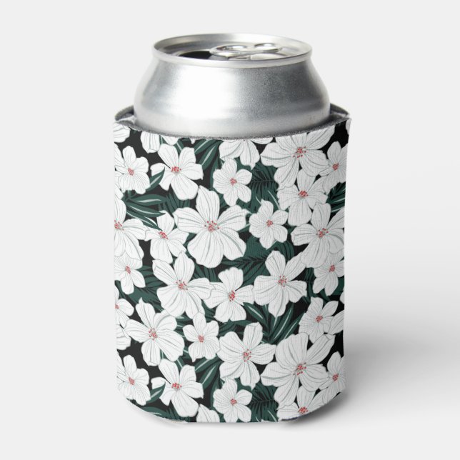 White Tropical Flowers Pattern Can Cooler (Can Front)