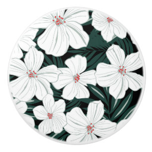 White Tropical Flowers Pattern Ceramic Knob