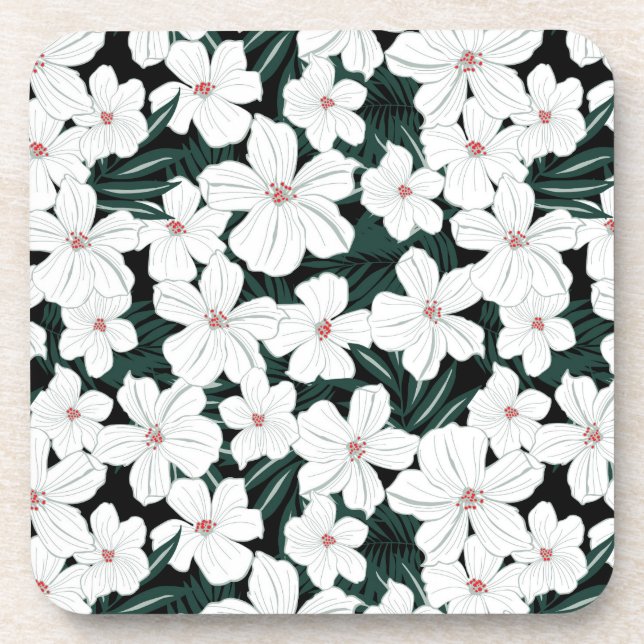 White Tropical Flowers Pattern Coaster (Front)