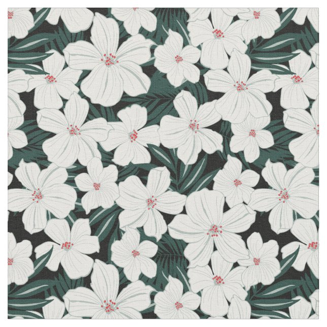 White Tropical Flowers Pattern Fabric (Close Up)
