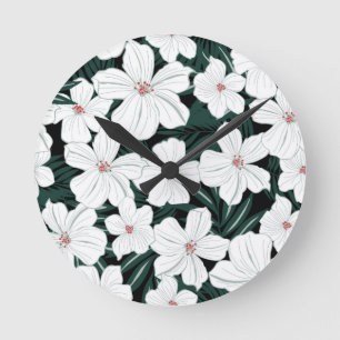 White Tropical Flowers Pattern Round Clock