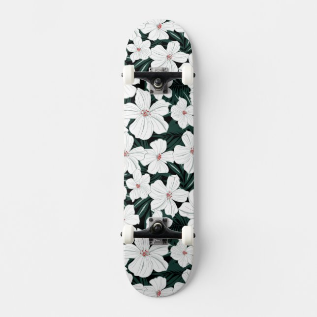 White Tropical Flowers Pattern Skateboard (Front)