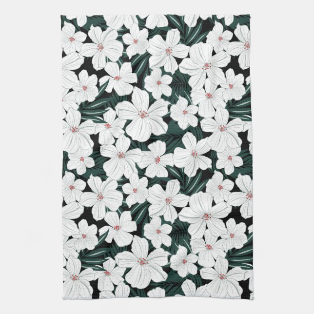 White Tropical Flowers Pattern Tea Towel (Vertical)