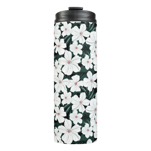 White Tropical Flowers Pattern Thermal Tumbler (Front)