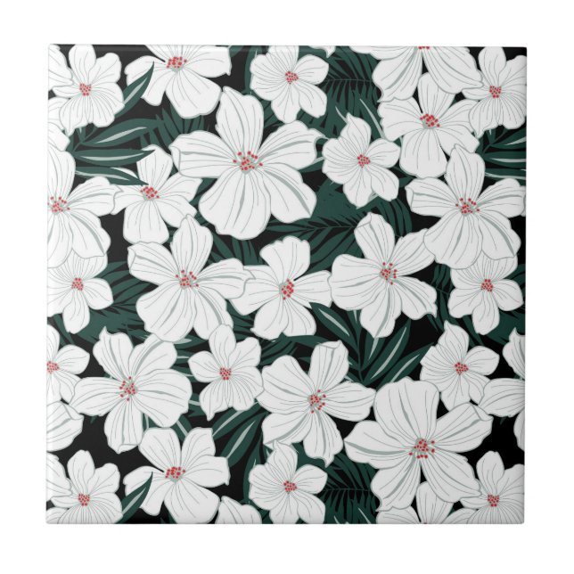 White Tropical Flowers Pattern Tile (Front)