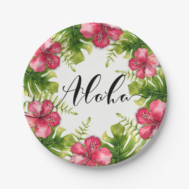 White Tropical Hibiscus Leaves ALOHA Wedding Party Paper Plate (Front)