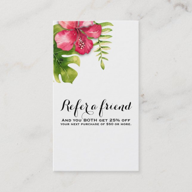 White Tropical Hibiscus Leaves Chic Refer a Friend Referral Card (Front)