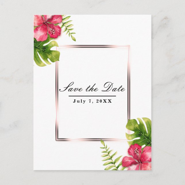 White Tropical Hibiscus Leaves Save the Date Announcement Postcard (Front)