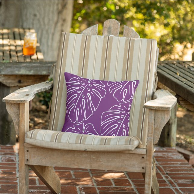 White Tropical Leaf Motif Dark Magenta Pink Purple Cushion (Chair)