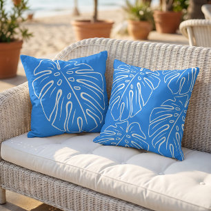 White Tropical Leaf Motif Mediterranean Azure Blue Cushion