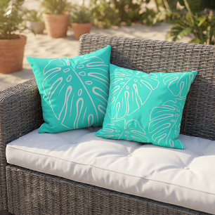White Tropical Leaf Motif On Aqua Turquoise Blue Cushion