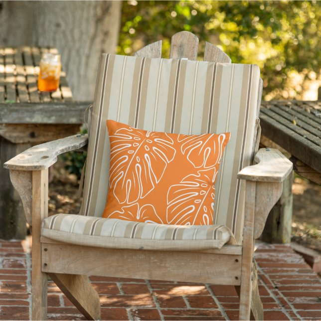 White Tropical Leaf Motif On Bright Orange Cushion (Chair)