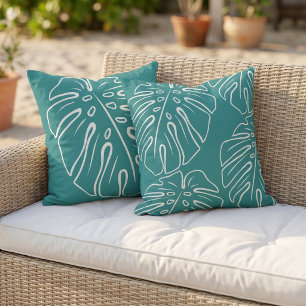 White Tropical Leaf Motif On Cyan Teal Blue Green Cushion