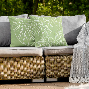 White Tropical Leaf Motif On Light Sage Green Cushion