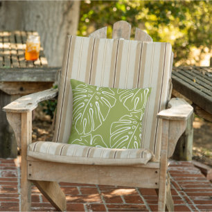 White Tropical Leaf Motif On Olive Green Cushion
