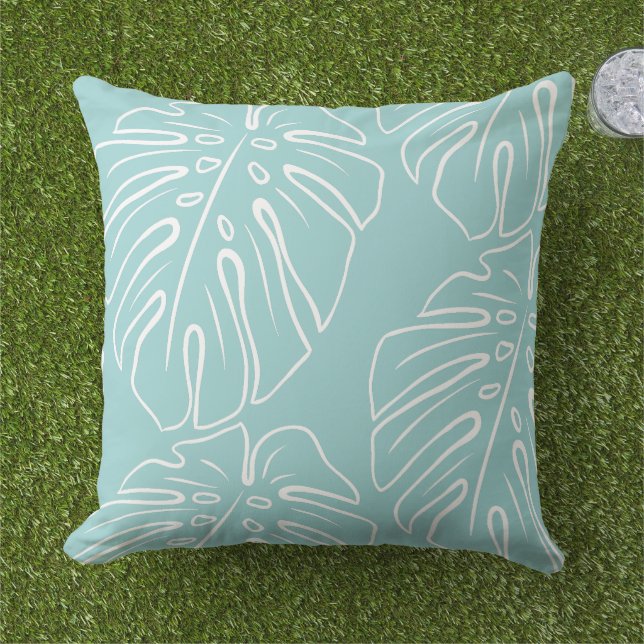 White Tropical Leaf Motif On Seaglass Green Blue Cushion (Grass)