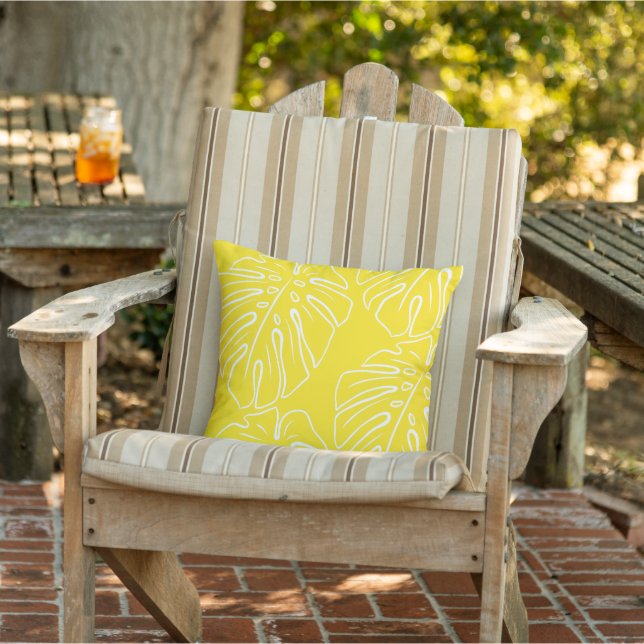 White Tropical Leaf Motif On Sunny Yellow Cushion (Chair)