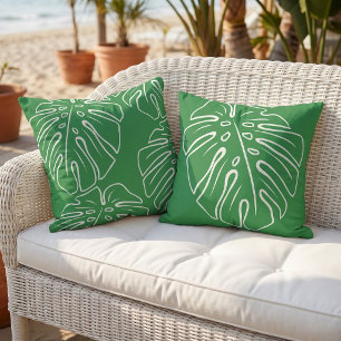 White Tropical Leaf Motif Rainforest Jungle Green Cushion