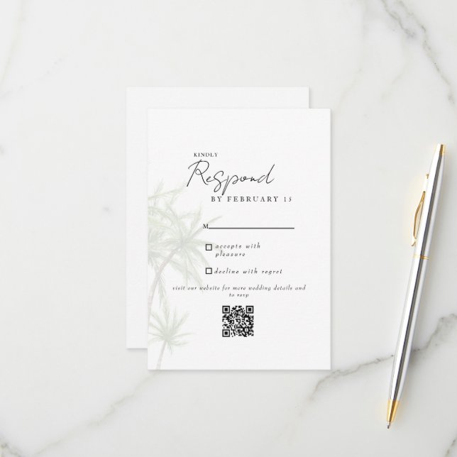 White Tropical Modern Wedding QR Code RSVP II Card (Front/Back In Situ)