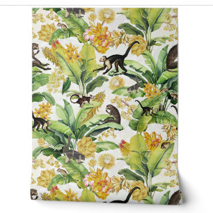 White Tropical Vintage Monkey Floral Rainforest Wallpaper