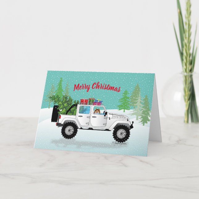 White Truck 4x4 with Sheltie, in Snow Christmas Holiday Card (Front)