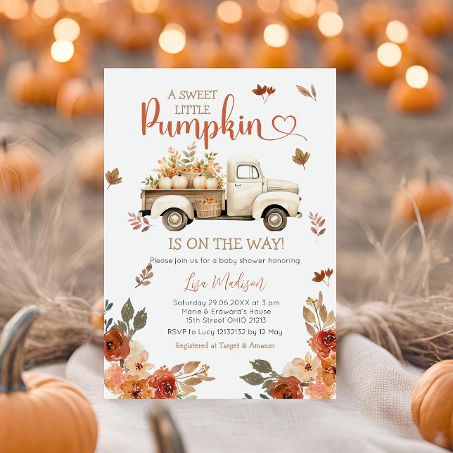 White Truck Pumpkin Baby Shower Fall leaves Invitation (Creator Uploaded)