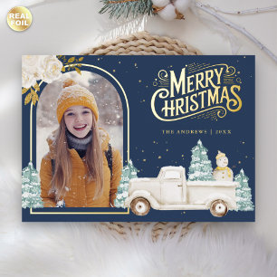 White Truck Snowman Christmas Photo Navy Blue Gold Foil Holiday Card