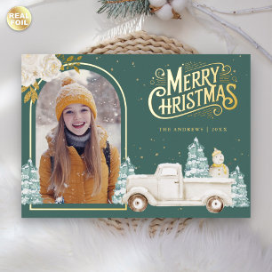 White Truck Snowman Christmas Photo Teal Gold Foil Holiday Card