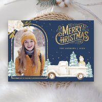 White Truck Snowman Gold Christmas Photo Navy Blue