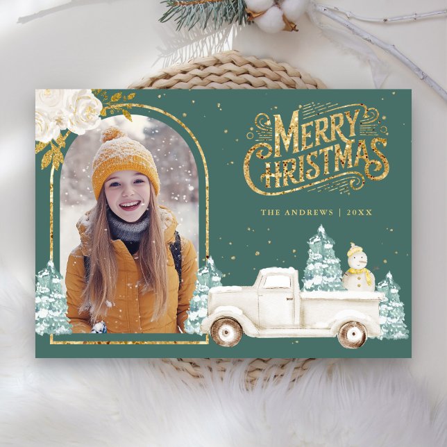 White Truck Snowman Gold Christmas Photo Teal Holiday Card (Creator Uploaded)